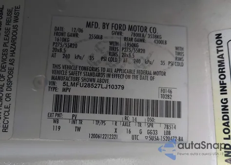 2007 Lincoln Navigator Ultimate z USA, uszkodzony, nr VIN 5LMFU28527LJ10379